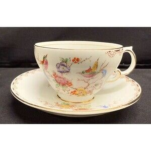 Antique Melba Bone China Teacup & Saucer Birds Flowers England Rare Pink Purple
